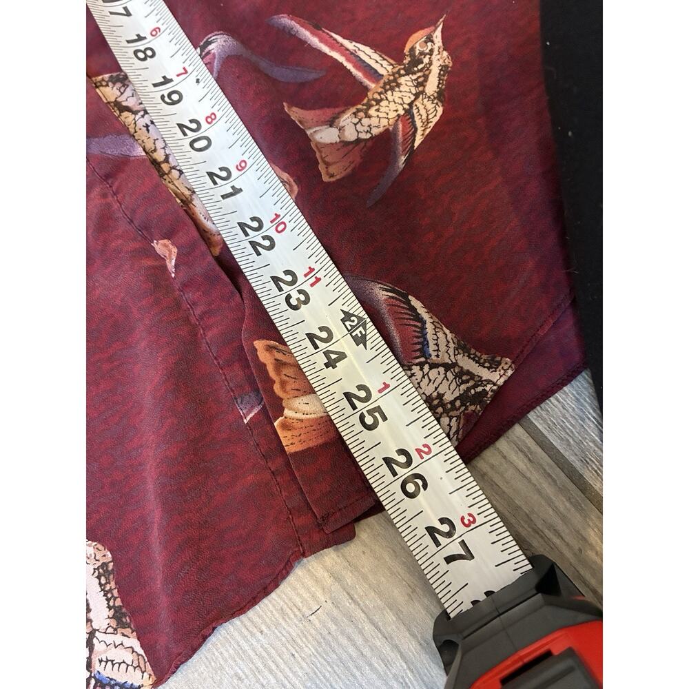 WAREHOUSE 100% Silk Blouse UK 12 US 8 Burgundy Neck Bow Flying Bird Print - Picture 6 of 7